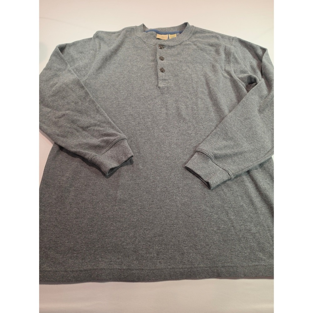 LL Bean Mens Henley Shirt Large Tall Gray Waffle Knit Long Sleeve Cotton 187245